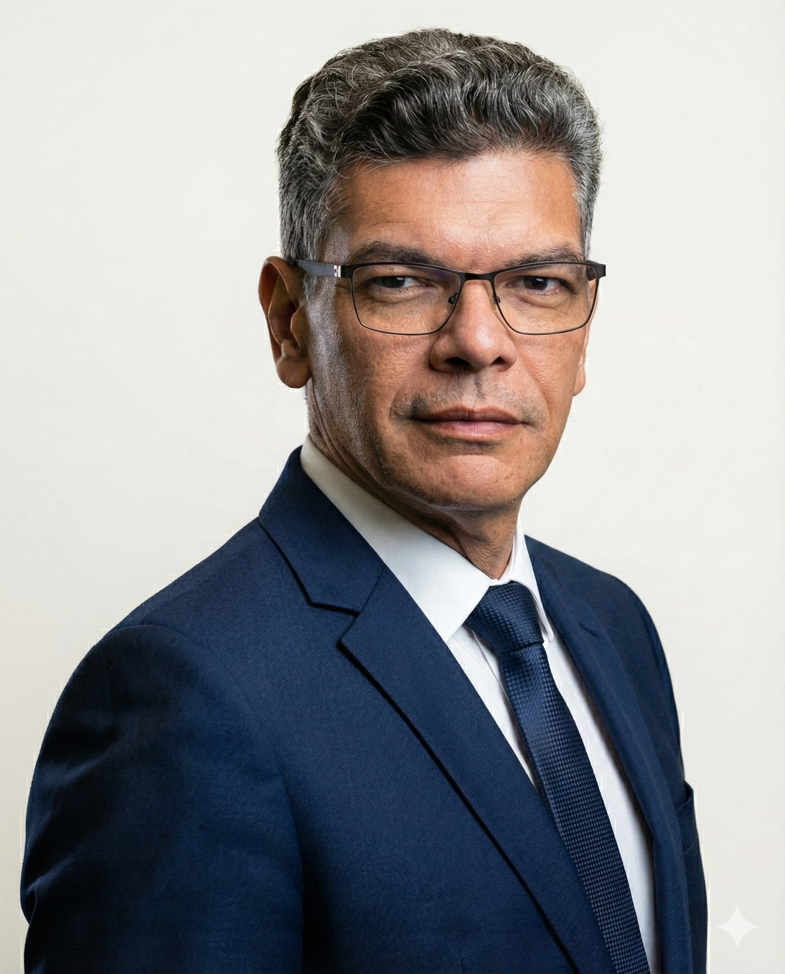 Retrato institucional do advogado Waltenir Costa, de terno azul-marinho e óculos